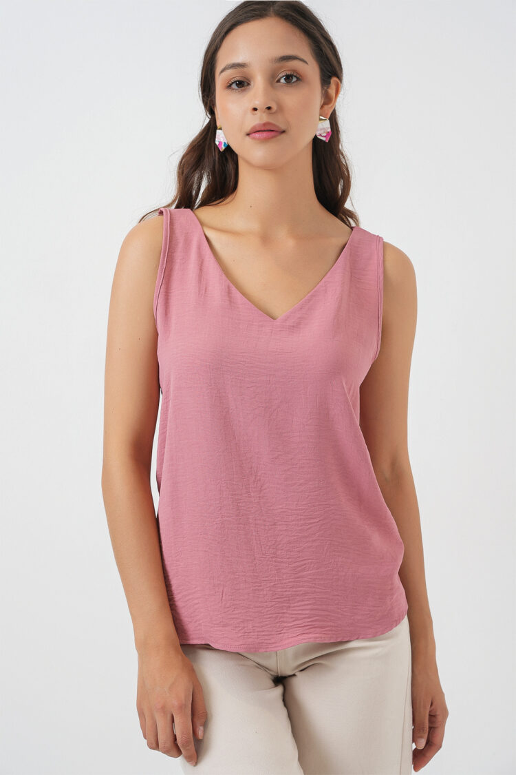 Pink Blouse With V-Neck & Cap Sleeves