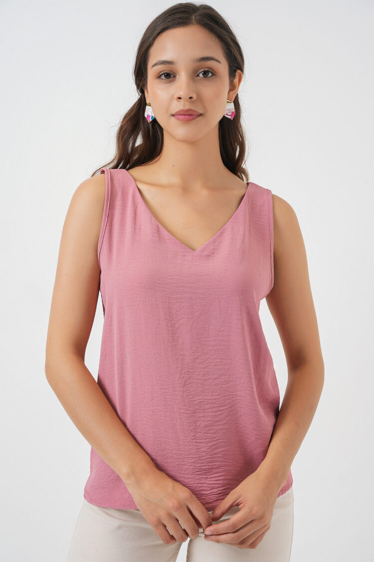 Pink Blouse With V-Neck & Cap Sleeves