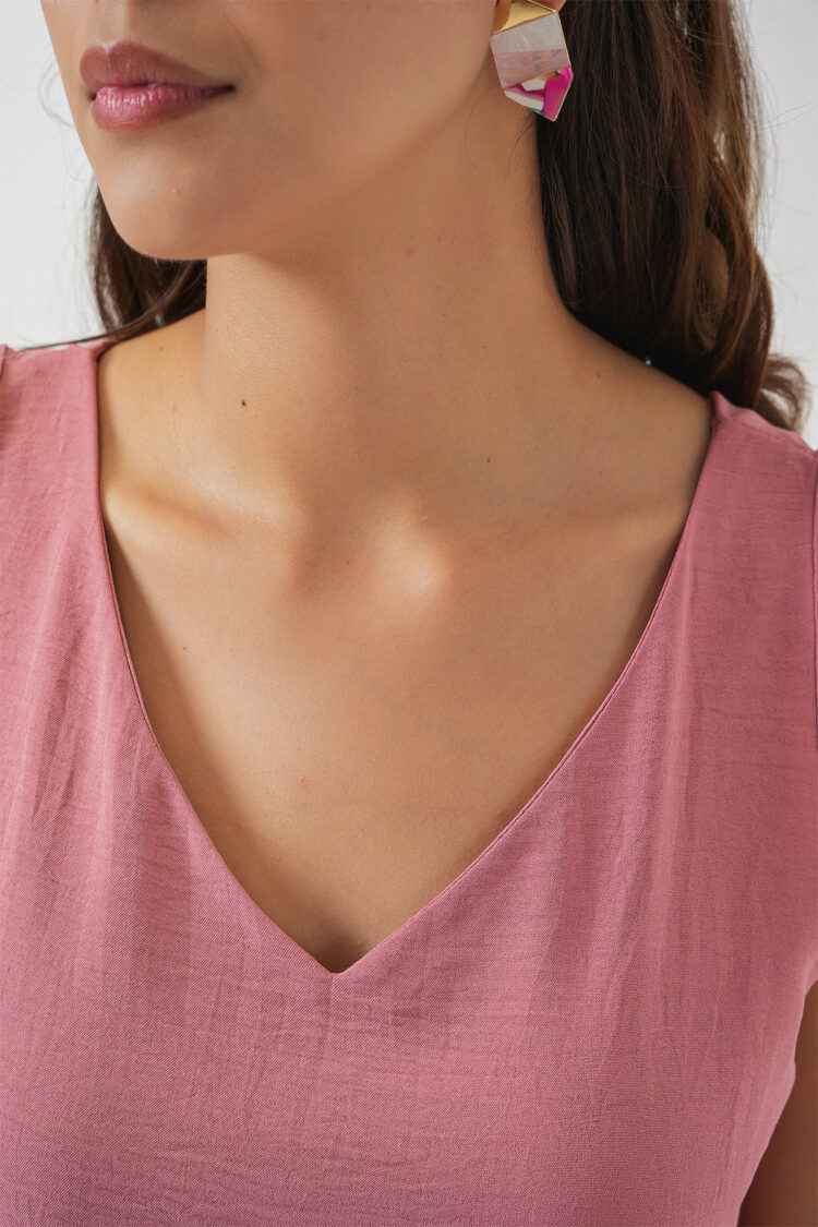Pink Blouse With V-Neck & Cap Sleeves