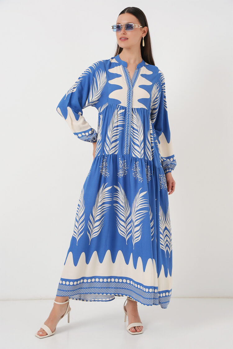 Blue Ethnic Smock Dress With Floral Pattern