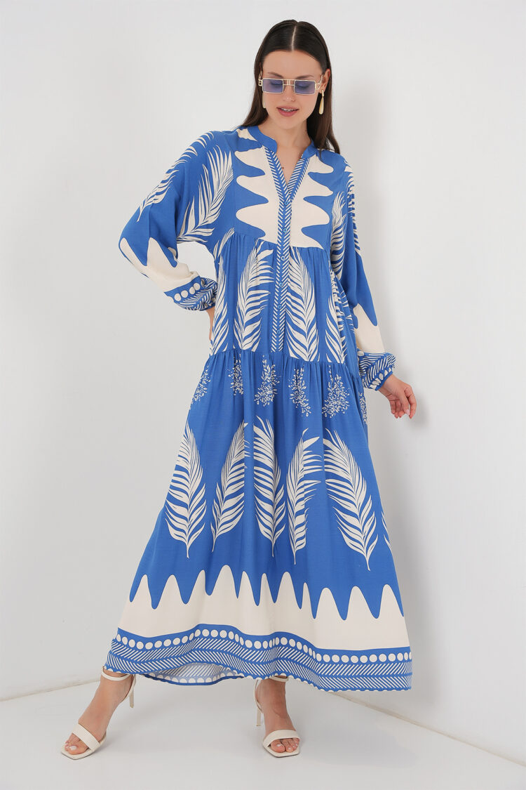 Blue Ethnic Smock Dress With Floral Pattern