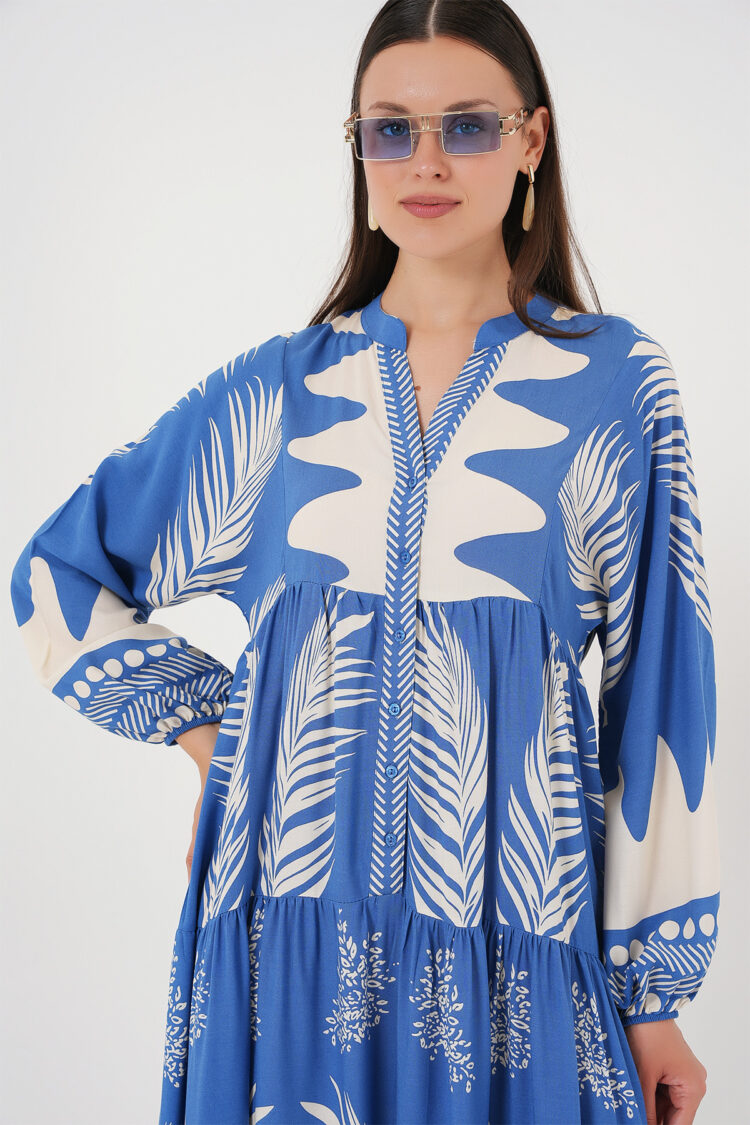 Blue Ethnic Smock Dress With Floral Pattern
