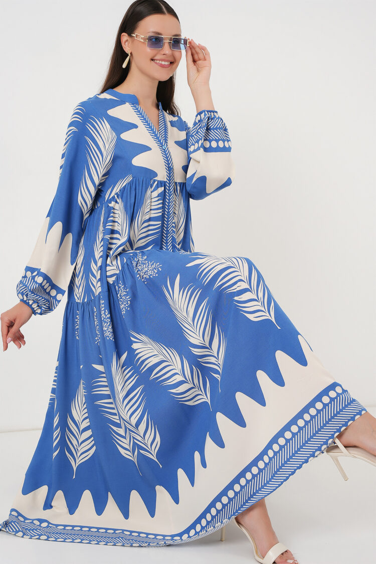 Blue Ethnic Smock Dress With Floral Pattern