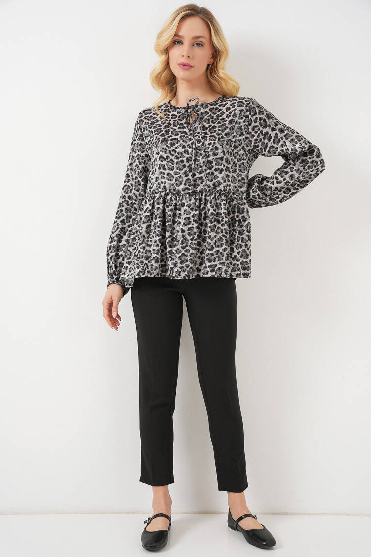 Grey Leopard Print Casual Streetwear Blouse