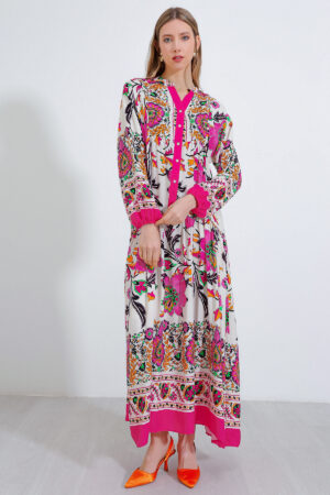Pink Ethnic Floral Smock Dress With Notched Neck - Brand: Bigdart - Women & Kids, Baby Clothes Wholesale - Globality Store