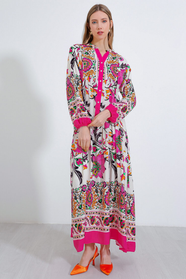 Pink Ethnic Floral Smock Dress With Notched Neck