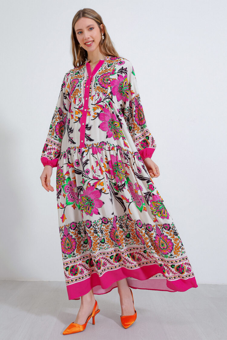 Pink Ethnic Floral Smock Dress With Notched Neck