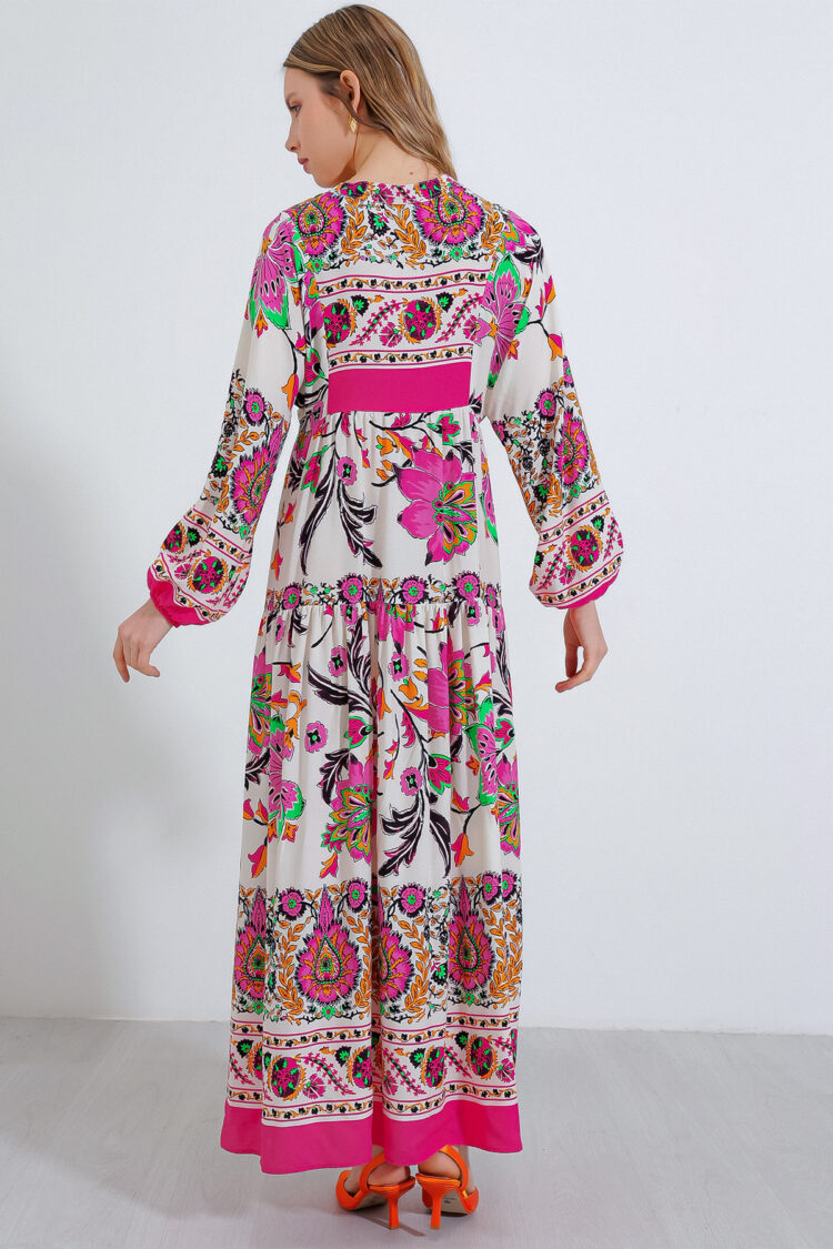 Pink Ethnic Floral Smock Dress With Notched Neck