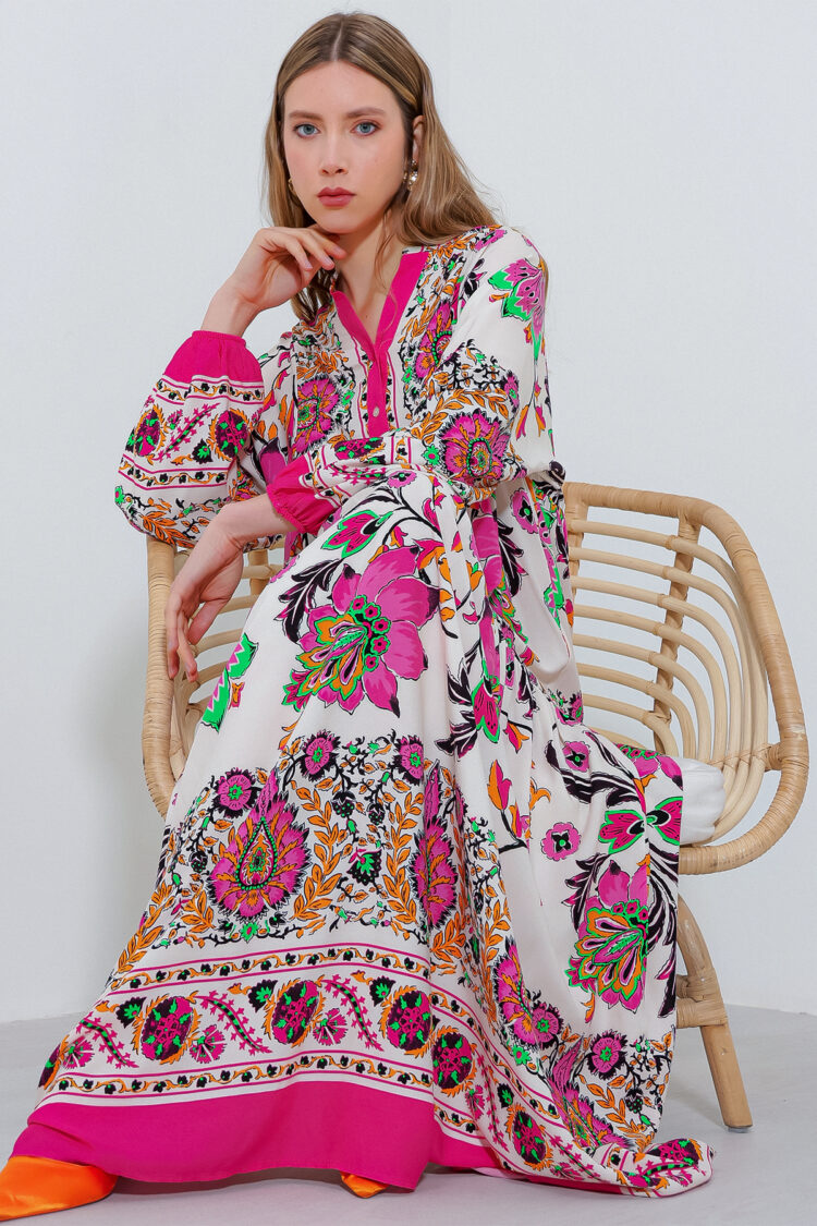 Pink Ethnic Floral Smock Dress With Notched Neck - Brand: Bigdart - Women & Kids, Baby Clothes Wholesale - Globality Store
