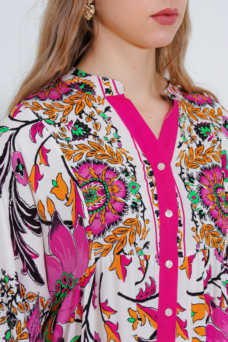 Pink Ethnic Floral Smock Dress With Notched Neck