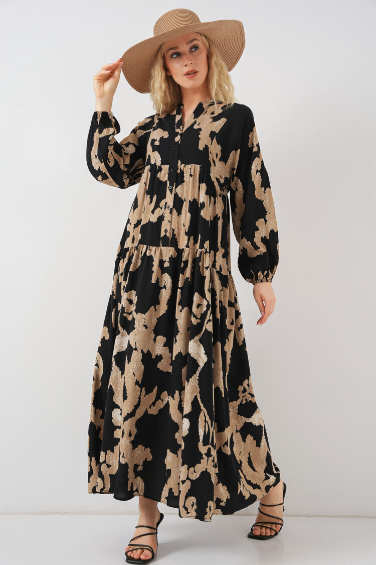 Black Animal Print Modest Smock Dress
