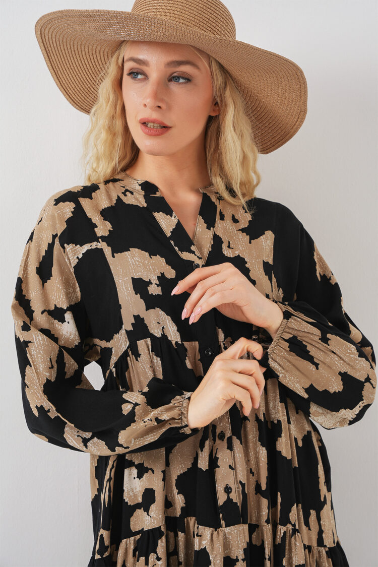 Black Animal Print Modest Smock Dress