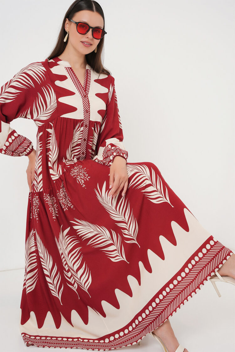 ClaretMaxi Kaftan Dress With Floral Pattern