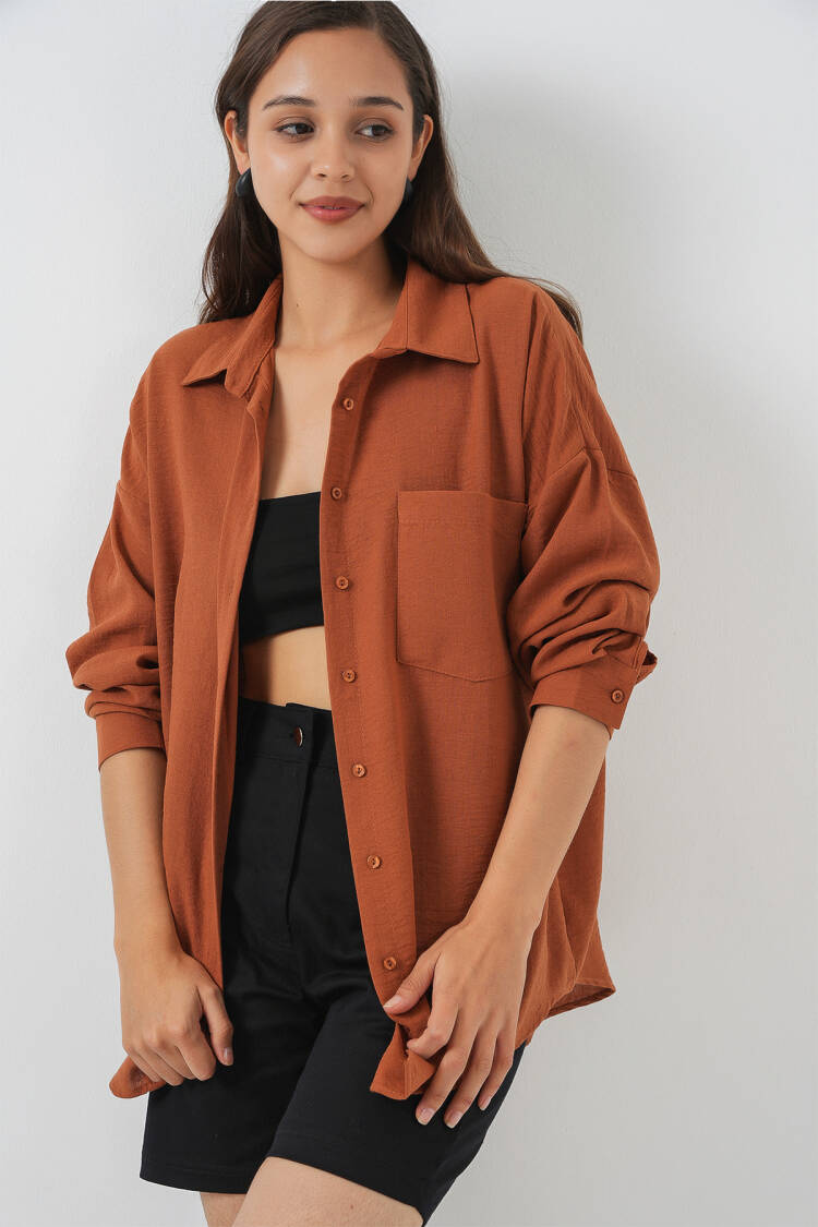 Brown Casual Oversized Polo Neck Shirt