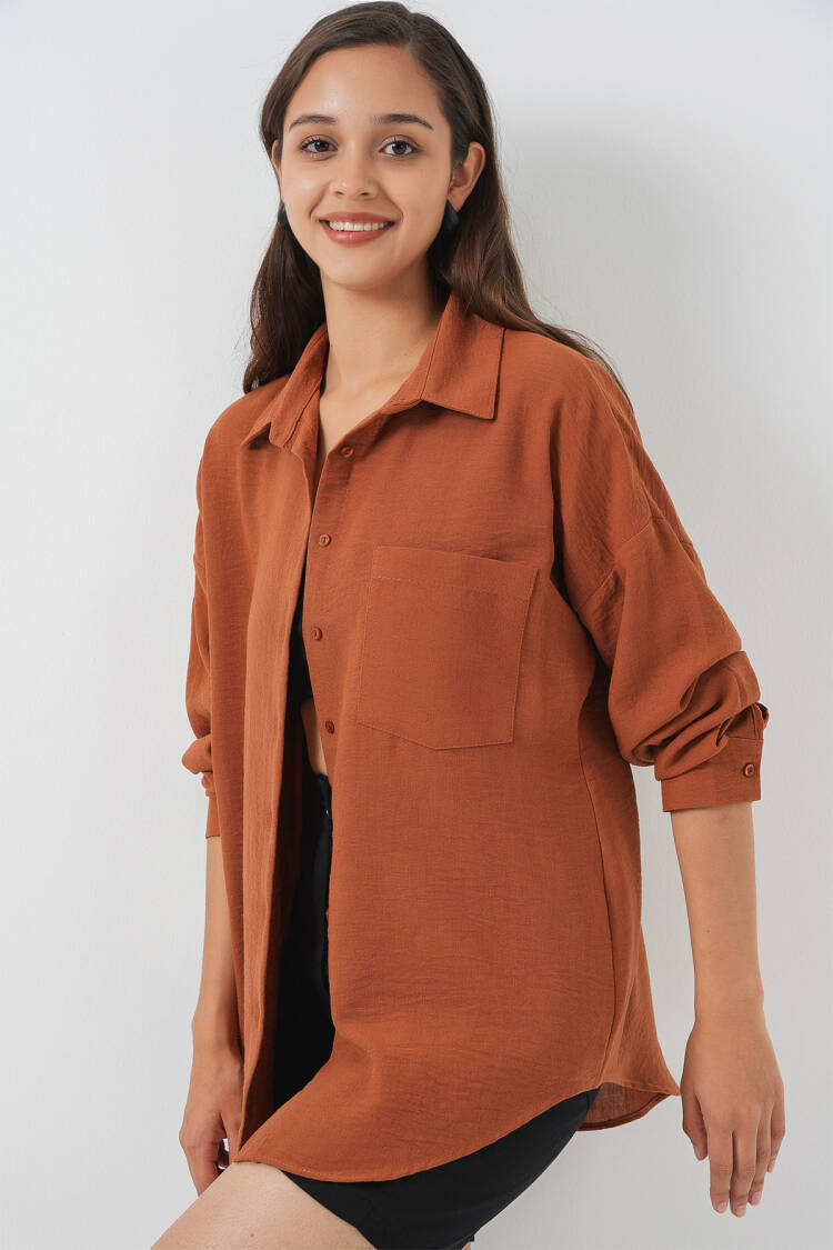 Brown Casual Oversized Polo Neck Shirt