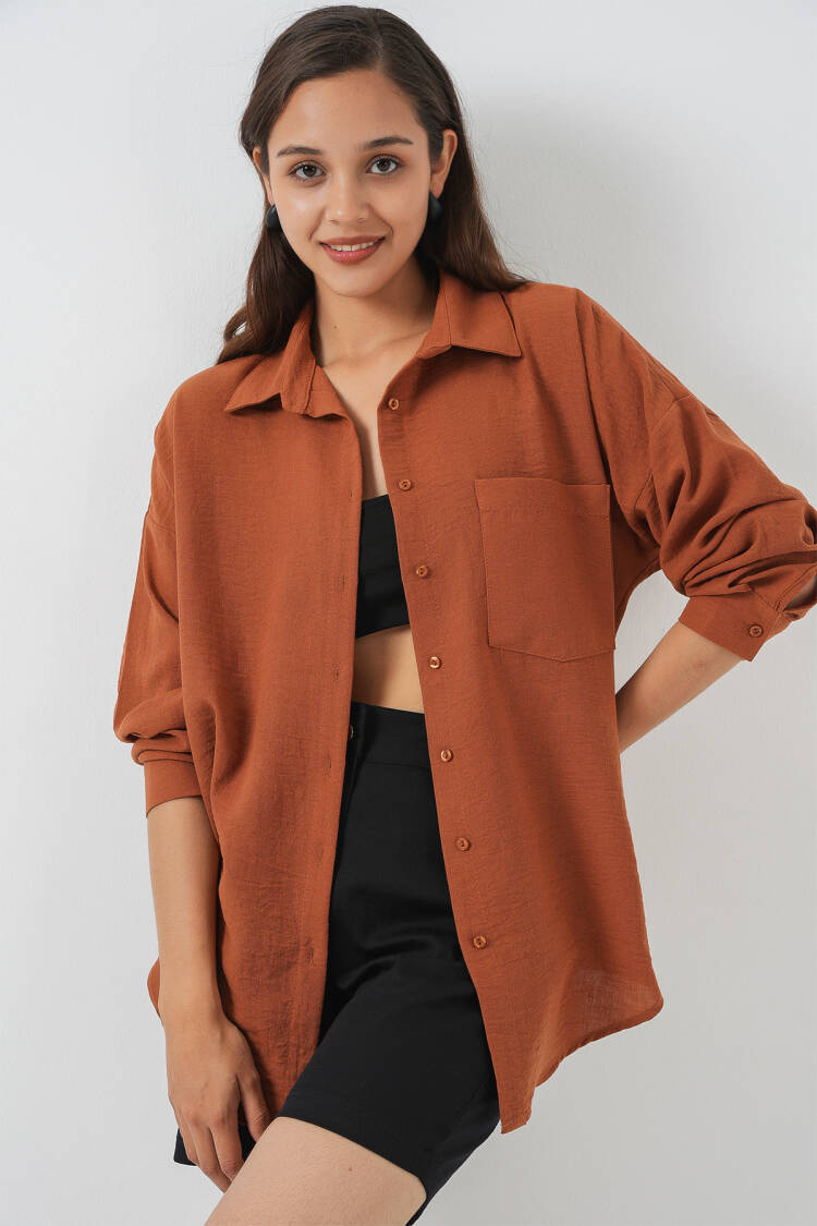 Brown Casual Oversized Polo Neck Shirt