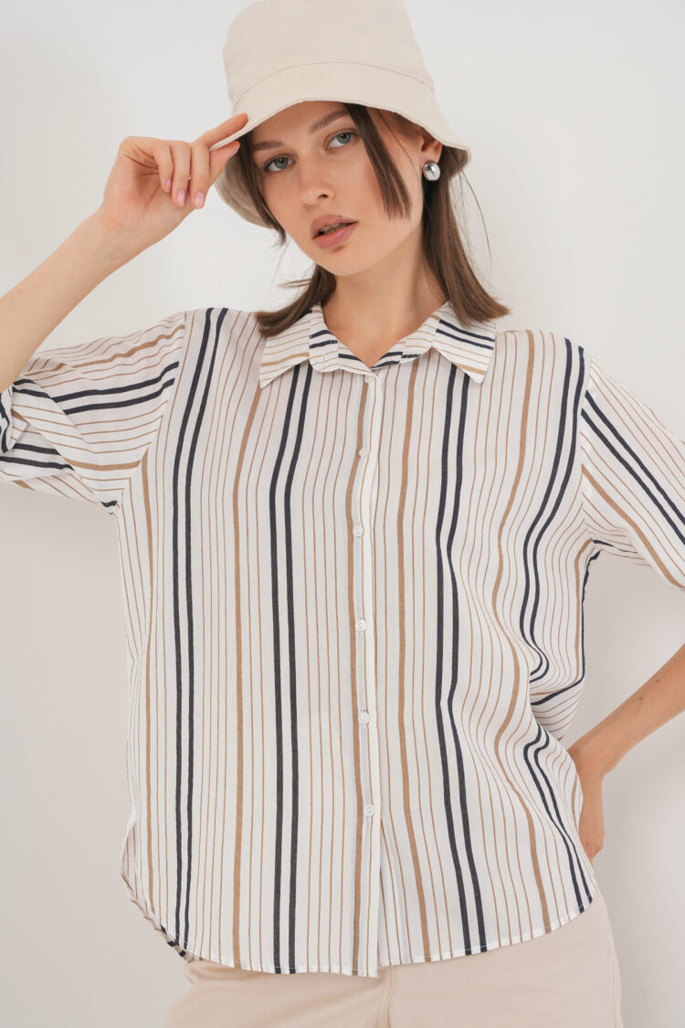 White Striped Casual Shirt With Notched Neck