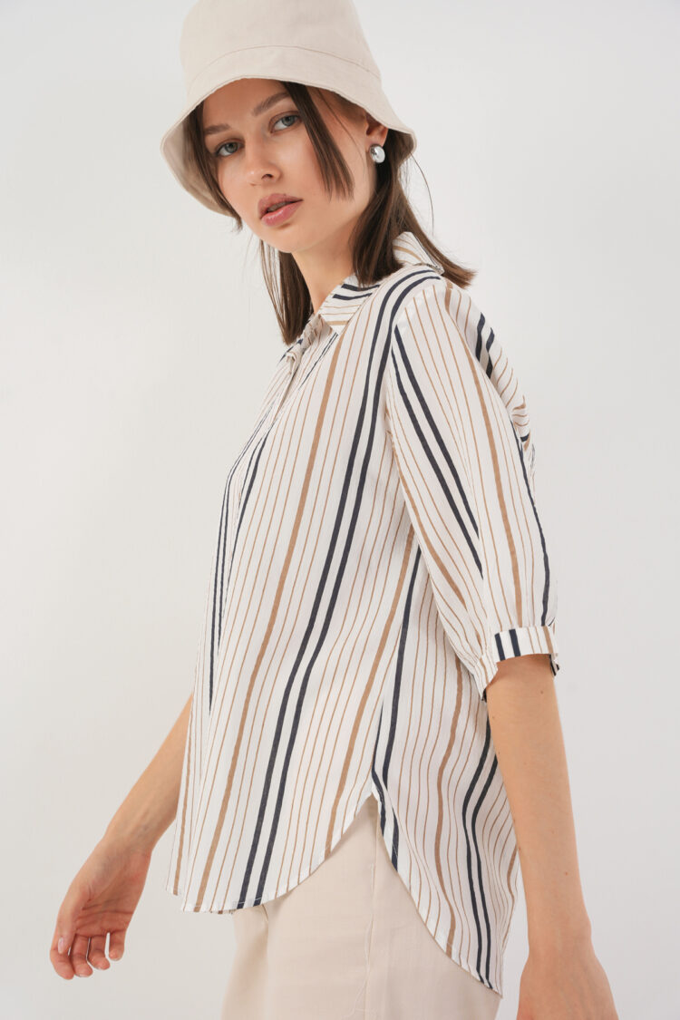 White Striped Casual Shirt With Notched Neck