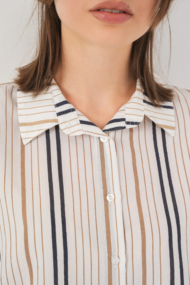 White Striped Casual Shirt With Notched Neck