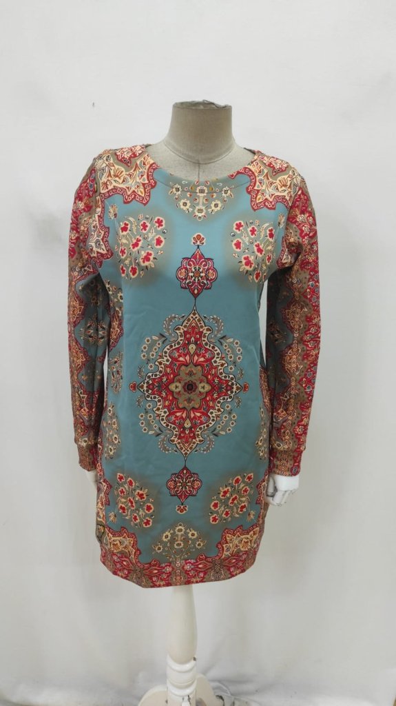 Blue Ethnic Casual Modest Paisley Sweater Dress