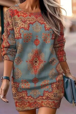 Blue Ethnic Casual Modest Paisley Sweater Dress - Brand: Janes - Women & Kids, Baby Clothes Wholesale - Globality Store