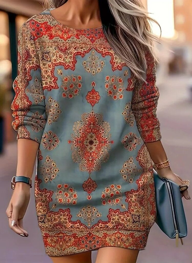 Blue Ethnic Casual Modest Paisley Sweater Dress