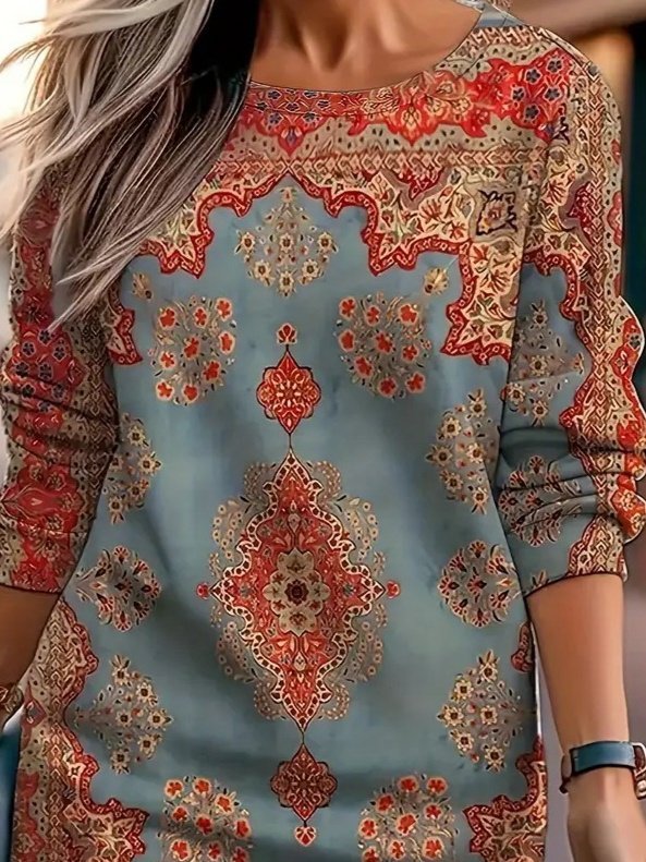 Blue Ethnic Casual Modest Paisley Sweater Dress
