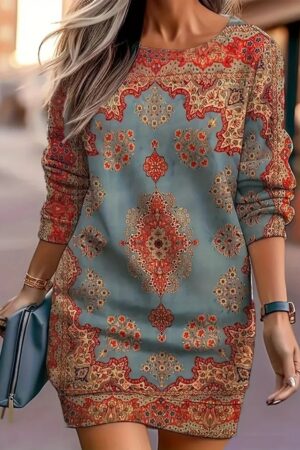 Blue Ethnic Casual Modest Paisley Sweater Dress - Brand: Janes - Women & Kids, Baby Clothes Wholesale - Globality Store