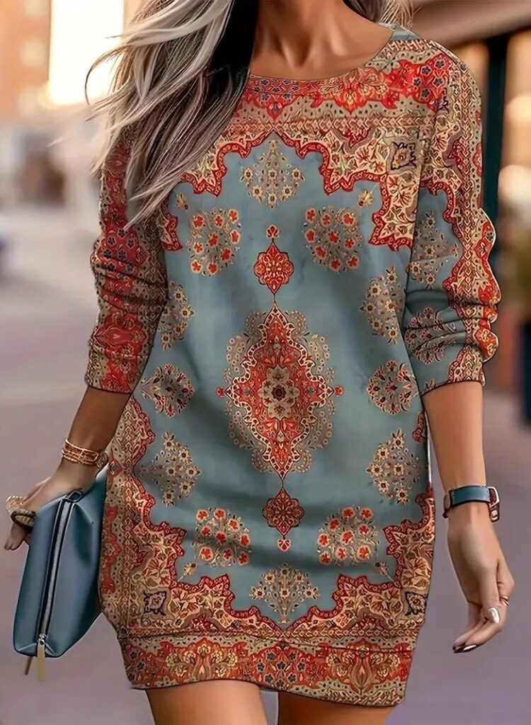 Blue Ethnic Casual Modest Paisley Sweater Dress - Brand: Janes - Women & Kids, Baby Clothes Wholesale - Globality Store