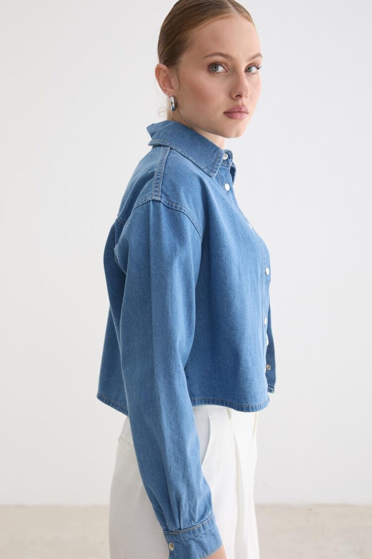 Blue Casual Oversized Fit Shirt With Notched Neck