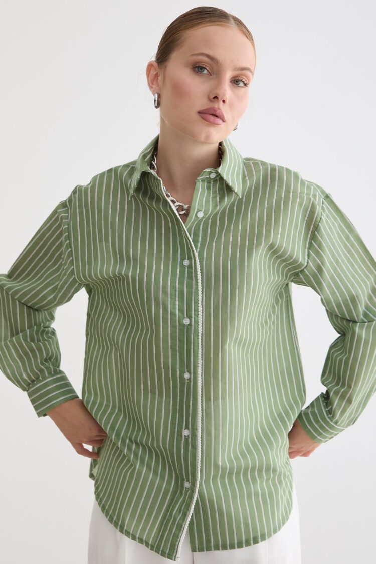 Green Striped Casual Formal Preppy Shirt