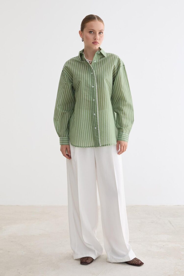 Green Striped Casual Formal Preppy Shirt - Brand: Levure - Women & Kids, Baby Clothes Wholesale - Globality Store