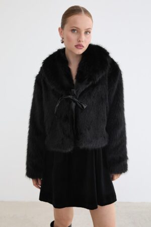 Fur Coat With Notched Collar And Tie Closure - Brand: Levure - Women & Kids, Baby Clothes Wholesale - Globality Store