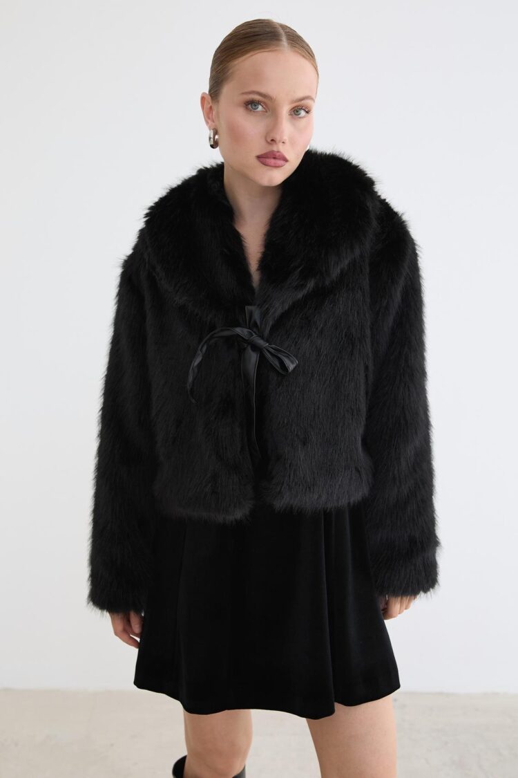 Fur Coat With Notched Collar And Tie Closure