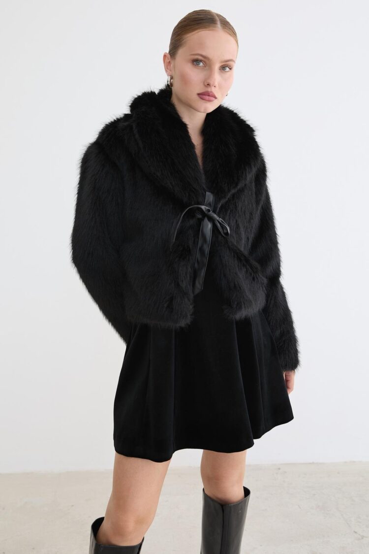 Fur Coat With Notched Collar And Tie Closure