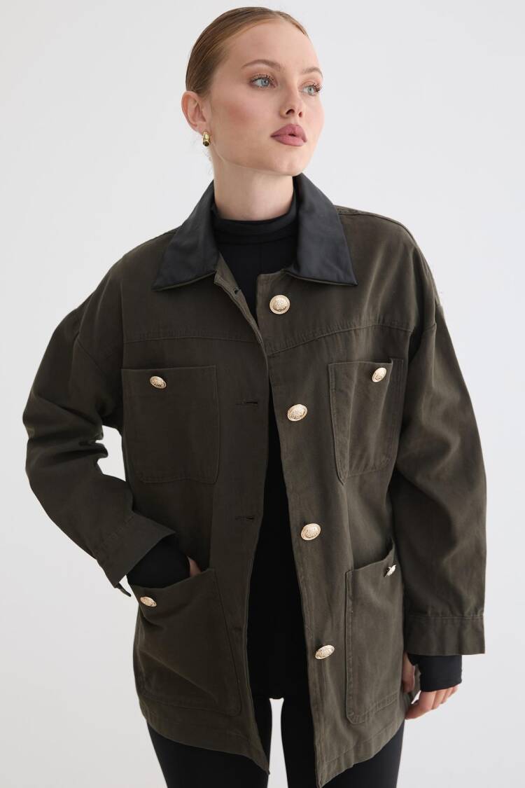 Brown Oversized Shacket Coat With Button Closure