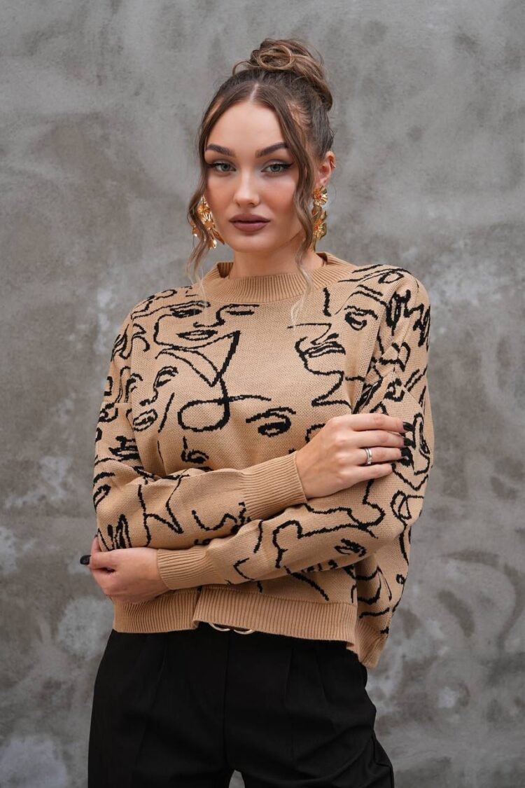 Beige Sweater Oversized Crew Neck Long Sleeve