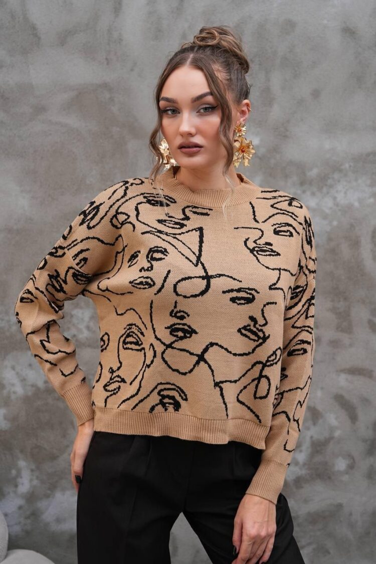 Beige Sweater Oversized Crew Neck Long Sleeve
