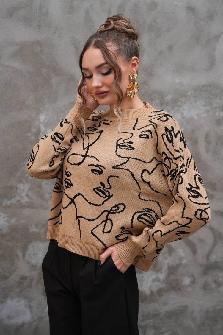 Beige Sweater Oversized Crew Neck Long Sleeve
