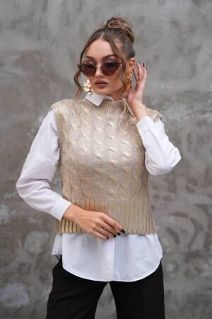 Beige Sweater With High Neck And Sleeveless Design - Brand: My Jest Fashion - Women & Kids, Baby Clothes Wholesale - Globality Store