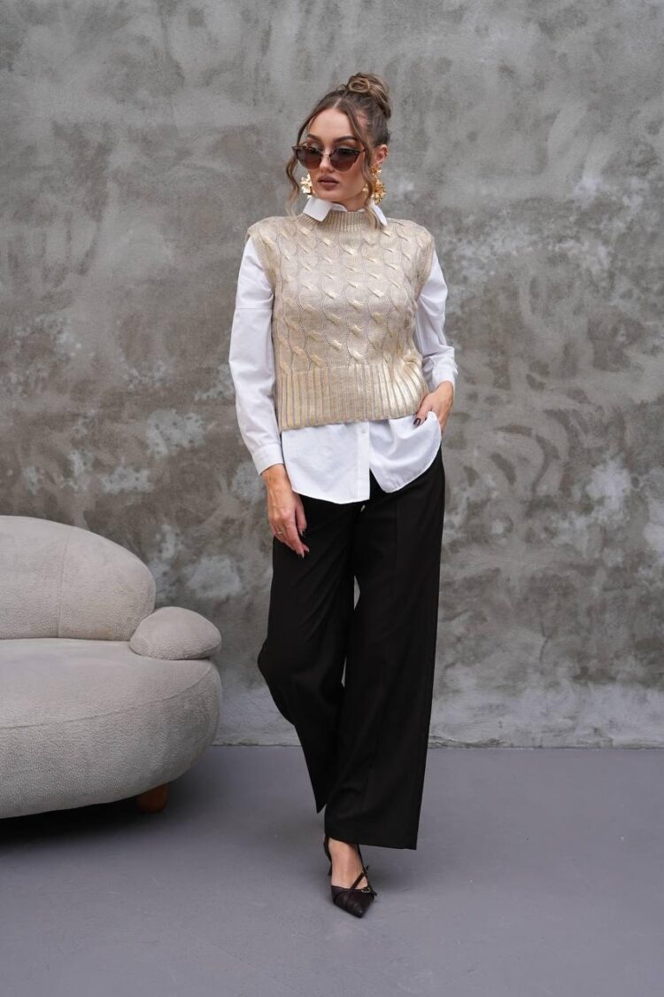 Beige Sweater With High Neck And Sleeveless Design