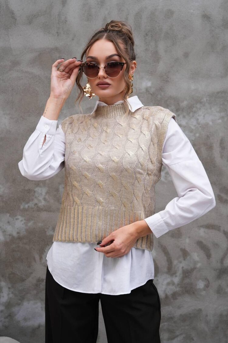 Beige Sweater With High Neck And Sleeveless Design