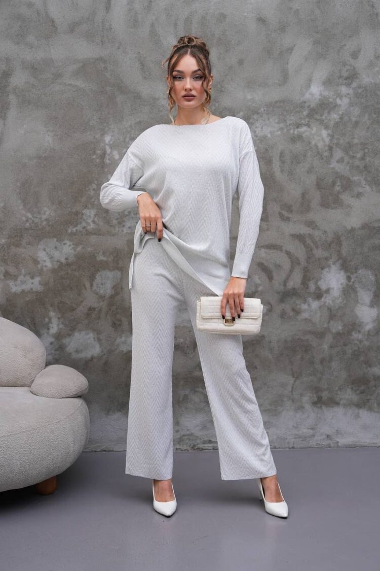 White Elegant Herringbone Palazzo Set