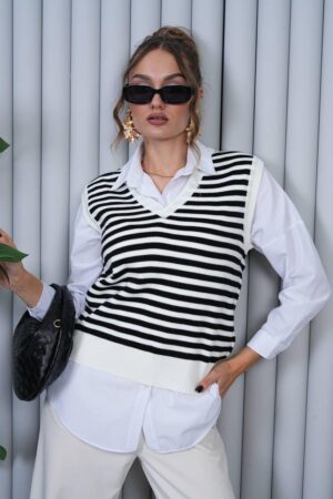 Sleeveless Striped V-Neck Sweater - Brand: My Jest Fashion - Women & Kids, Baby Clothes Wholesale - Globality Store