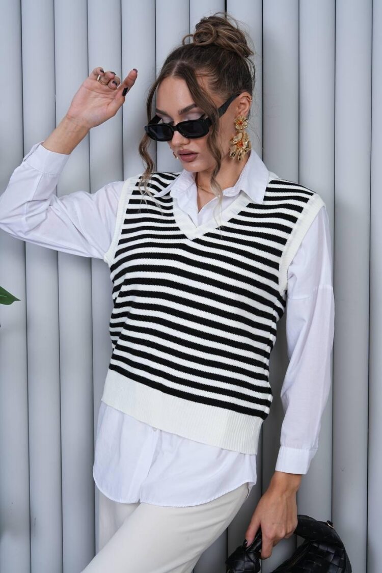 Sleeveless Striped V-Neck Sweater