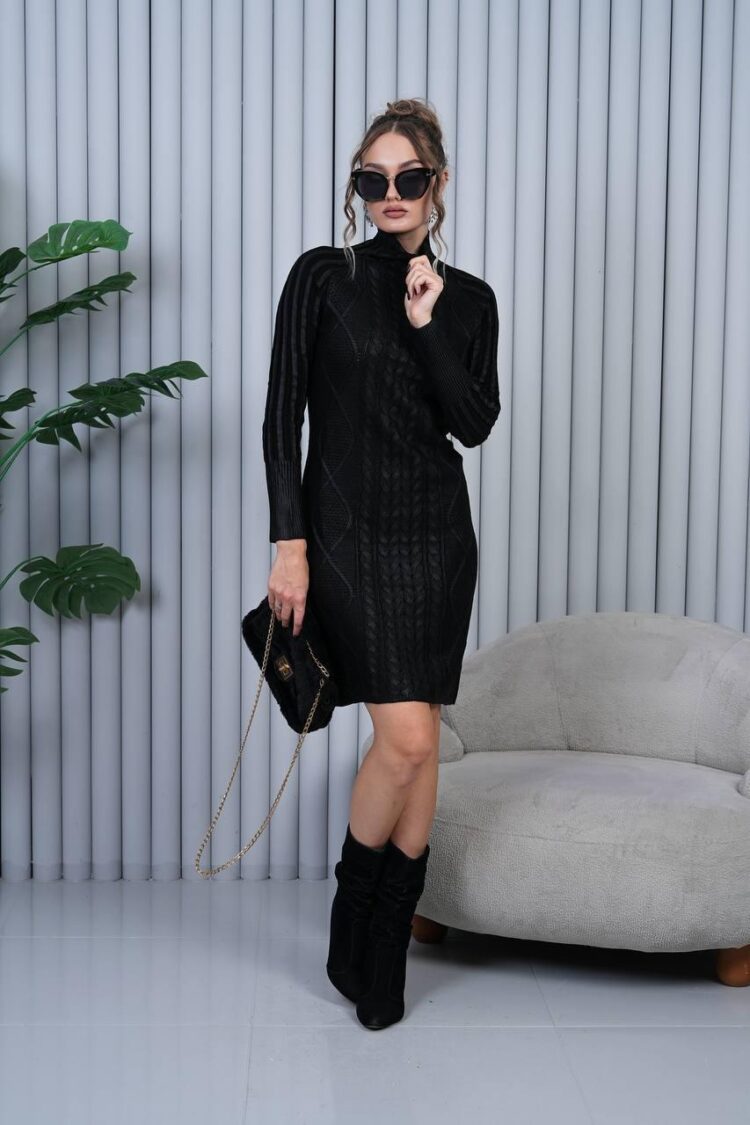 Black Striped Sweater Dress With High Neck
