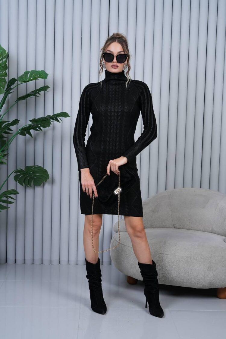 Black Striped Sweater Dress With High Neck