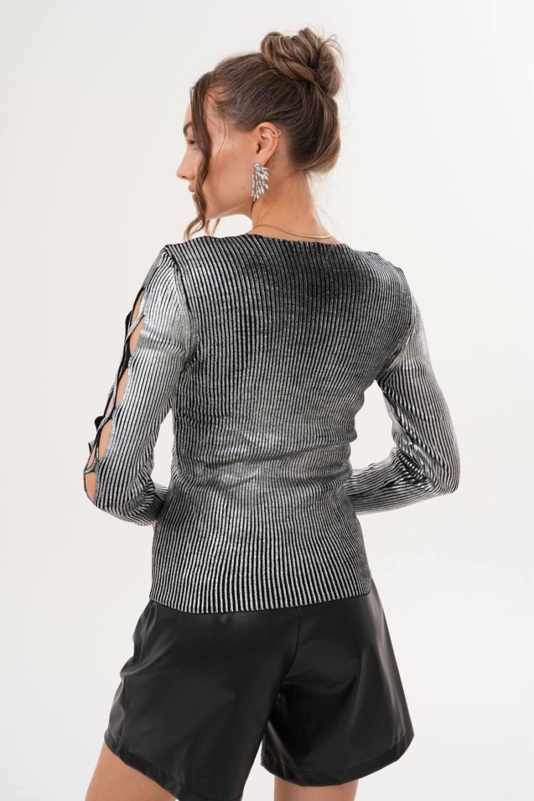 Silver Striped Slim Fit Sweater With V-Neck