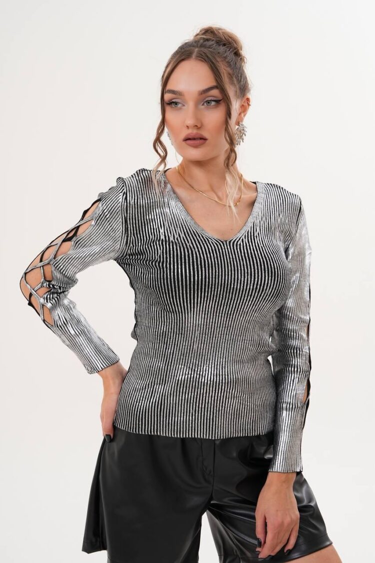 Silver Striped Slim Fit Sweater With V-Neck