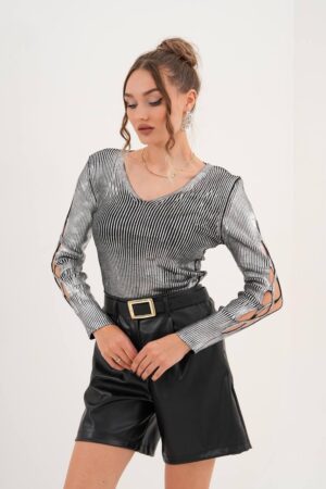 Silver Striped Slim Fit Sweater With V-Neck - Brand: My Jest Fashion - Women & Kids, Baby Clothes Wholesale - Globality Store